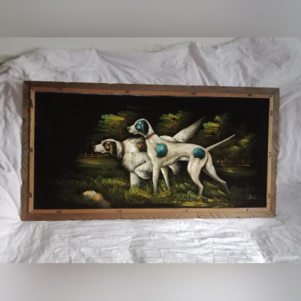 Mid Century Modern Velvet Hunting Hound Dogs Painting Signed
